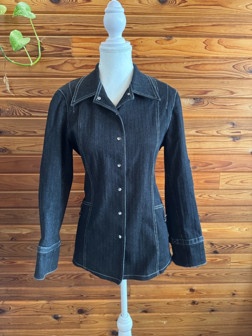 Dark Wash Denim Jacket with Contrast Stitching - Women
